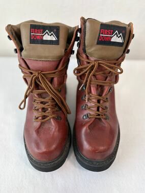 First Down Brown Leather Hiking Boots 9M Rugged Outdoor Waterproof Trail Gear